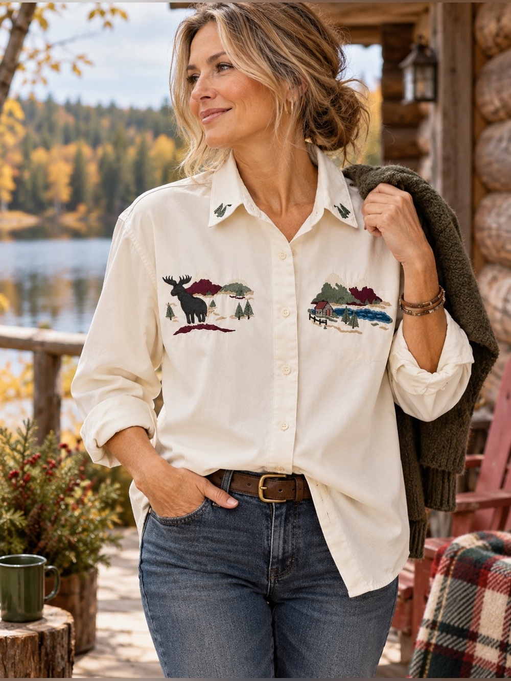 Vintage Northern Reflections Embroidered Moose Cabin Shirt M 90s Cottagecore